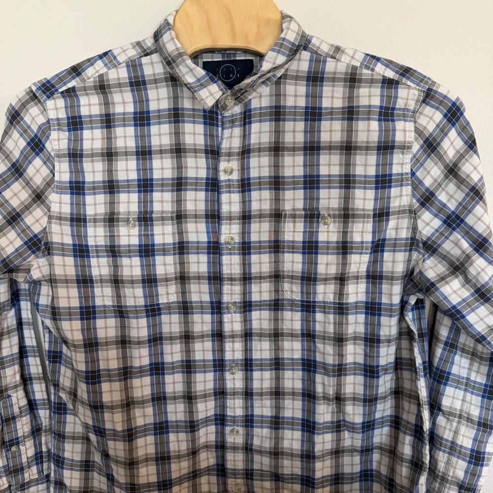 Even Tide Mens XL Blue Grey Plaid‎ Button Down 100% Cotton Long Sleeve Shirt